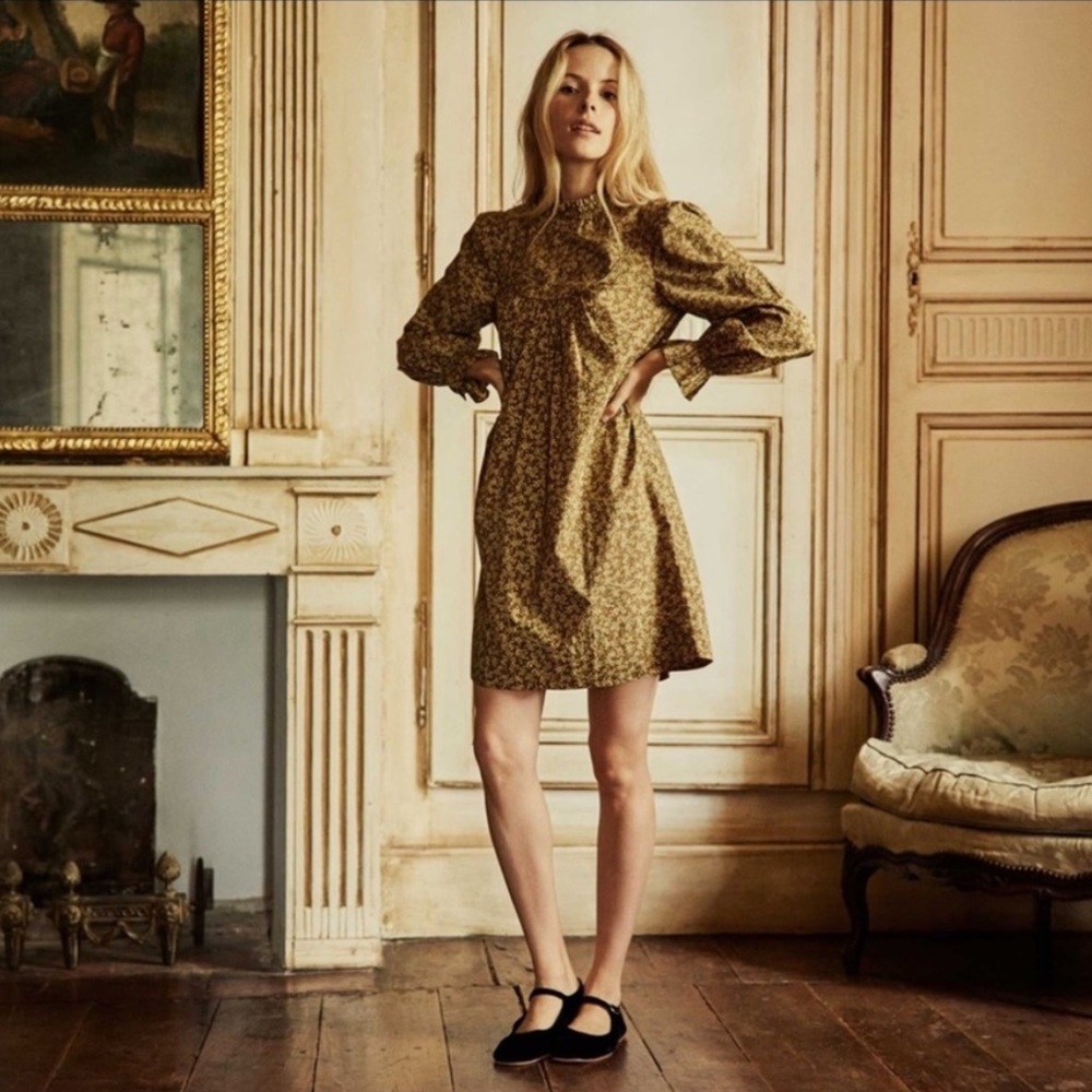 Doen Marabella Long Sleeve Dress in Gold Winter Meadow XS